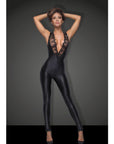 Sleeveless Power Wet Look Overall With Lace - Black