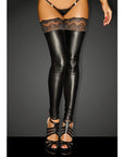 Power Wet Look Thigh High Stockings With Silicone Lace - Black