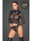 Zipped Tulle Bodysuit with Embroidery - black