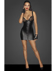 Power Wetlook Mini Dress with Lace Chest & Two Way Zipper - Black