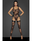 Tulle Bodysuit with Patterned Flock Embroidery - Black