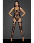 Tulle Bodysuit with Patterned Flock Embroidery - Black