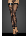 Tulle Stockings with Patterned Flock Embroidery & Power Wetlook Band - Black - K. P.