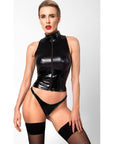 Glam Wetlook Top with Vinyl Corset - Black - K. P.