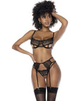 Black 3 Piece Set with Bra, Garter Belt and Thong - Black