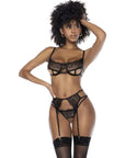 Black 3 Piece Set with Bra, Garter Belt and Thong - Black