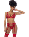 3 Piece Set with Bralette Garter Belt and Thong - Red