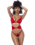 Red 3 Piece Set with Bra Panties and Flexible Corset - Red