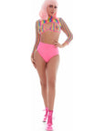 Rainbow Shrug Bikini Top Hot Pants Net Set incl Pasties - Rainbow - K. P.