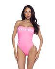 PlayBoy Pink 1 Pc Swimsuit with Ruched Side Ties & Removable Clear Straps - Pink