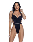 PlayBoy Black High-Leg 1 Pc Swimsuit with Rhinestone Logo - Black