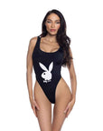 PlayBoy Black High-Leg 1 Pc Swimsuit with Bunny Head Logo - Multiple Colours