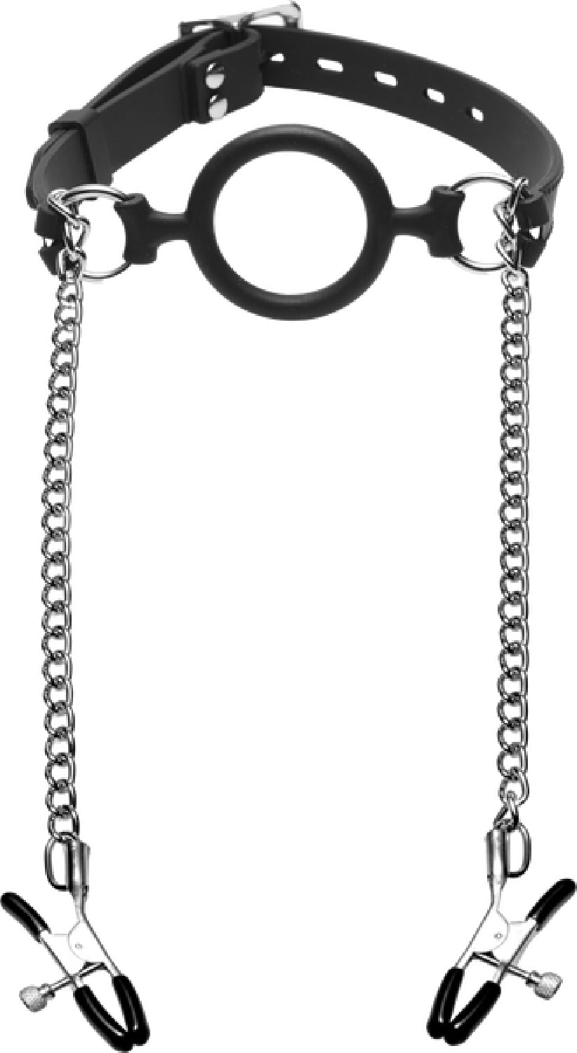The Master Series - Mutiny Silicone O-Ring Gag With Nipple Clamps - Black/Silver - K. P.