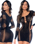 Long Sleeve Floral Fishnet Dress Black