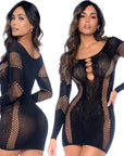 Long Sleeve Floral Fishnet Dress Black