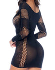 Long Sleeve Floral Fishnet Dress Black