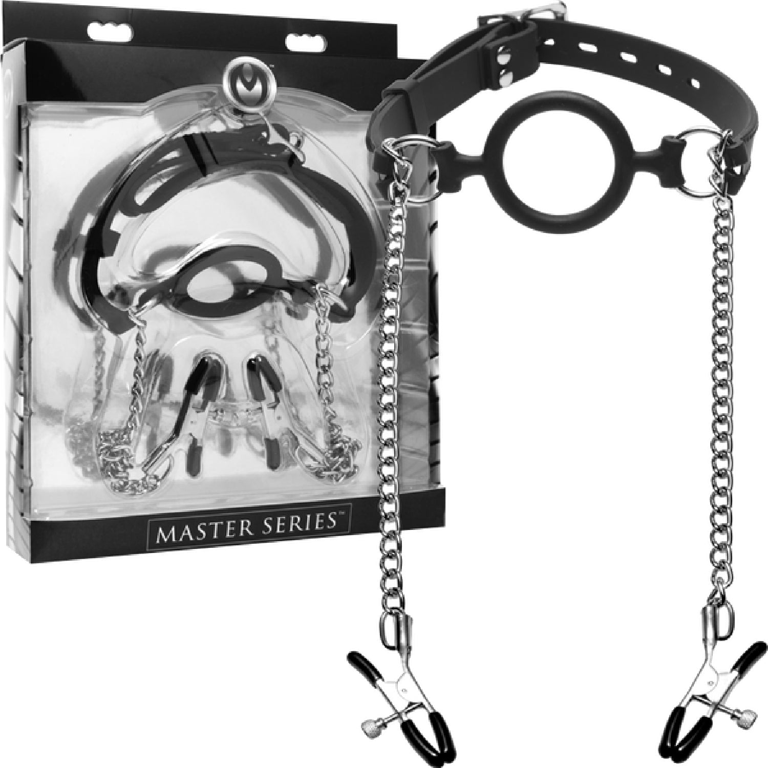 The Master Series - Mutiny Silicone O-Ring Gag With Nipple Clamps - Black/Silver - K. P.
