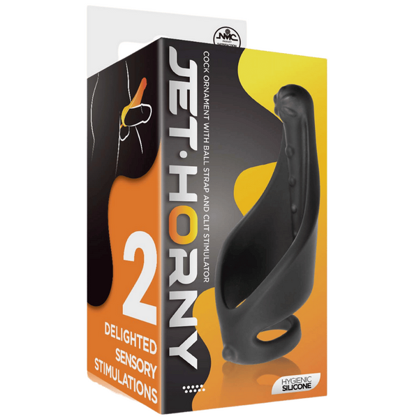 Jet Horny - Cock Ring with Ball Strap and Clit Stimulator - Black - Kinky Playhouse
