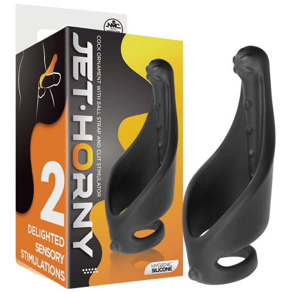 Jet Horny - Cock Ring with Ball Strap and Clit Stimulator - Black - Kinky Playhouse