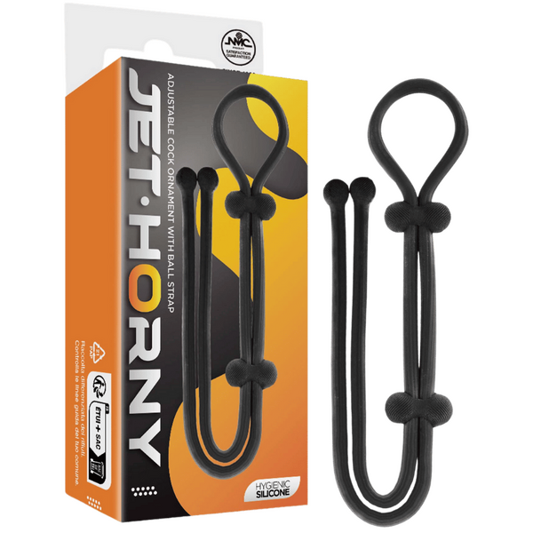 Jet Horny - Adjustable Cock Ring with Ball Strap - Black - Kinky Playhouse