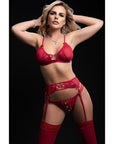 Bra, Garter Belt, Thong and Stockings Set - Red