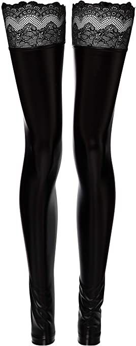 Power Wet Look Thigh High Stockings With Silicone Lace - Black - K. P.