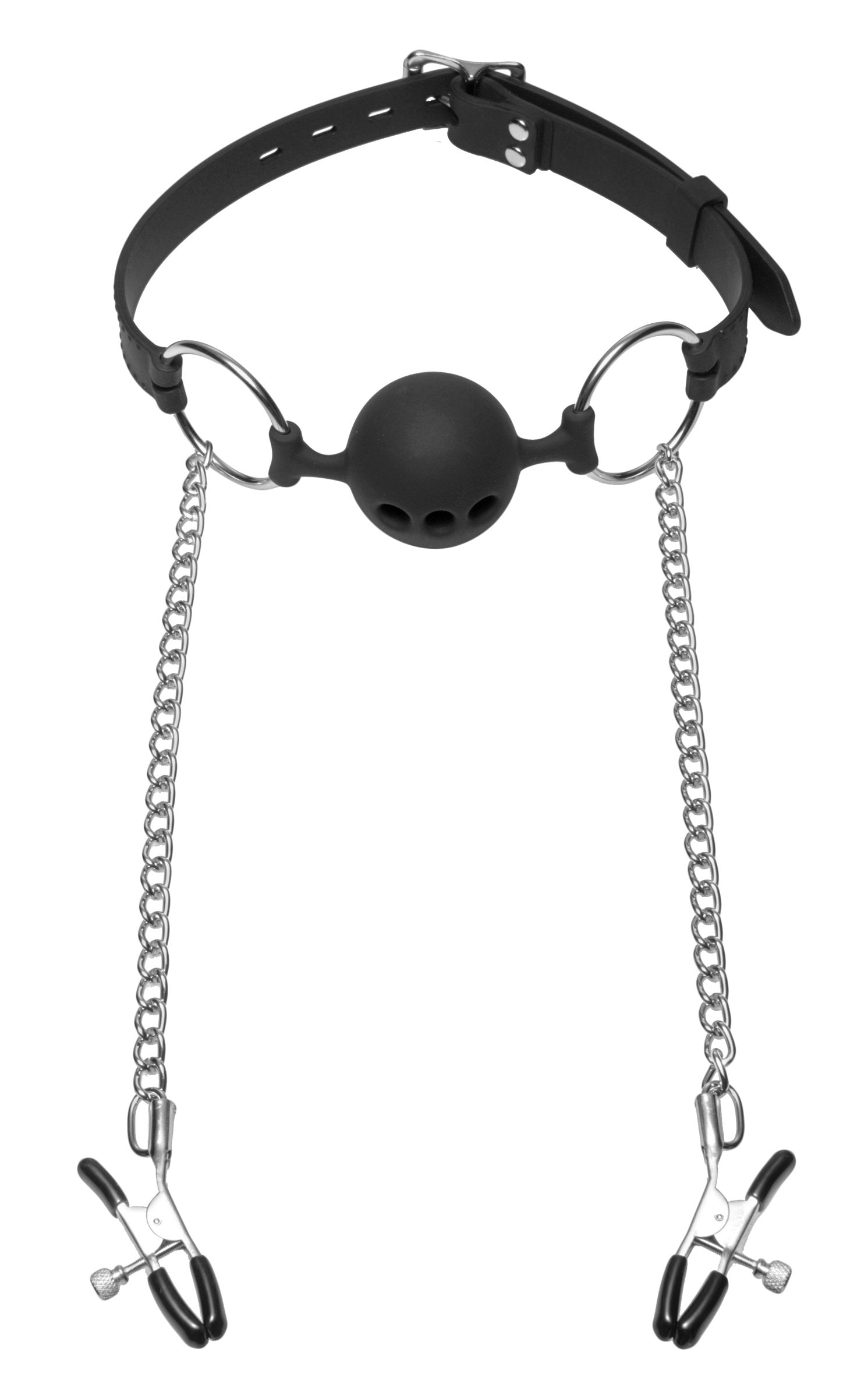 The Master Series - Hinder Breathable Silicone Ball Gag With Nipple Clamps - K. P.