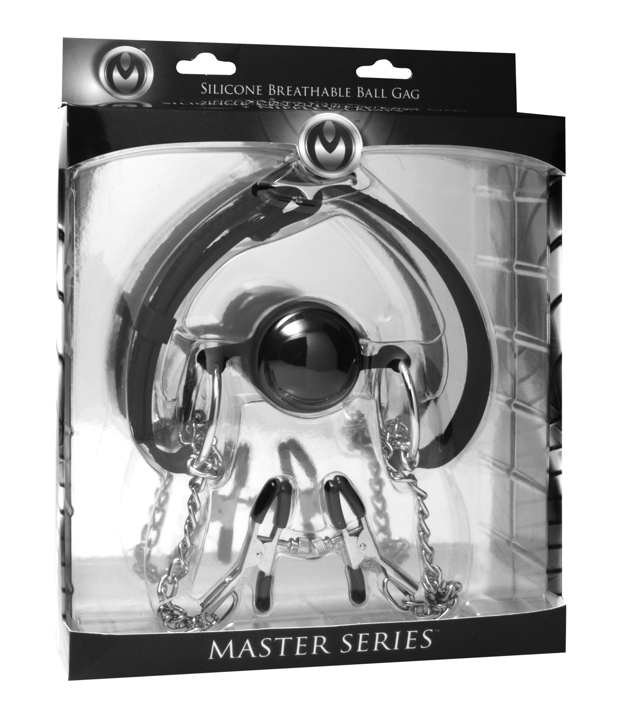 The Master Series - Hinder Breathable Silicone Ball Gag With Nipple Clamps - K. P.