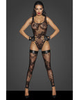 Tulle Bodysuit with Patterned Flock Embroidery - Black - K. P.