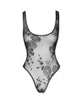 Tulle Bodysuit with Patterned Flock Embroidery - Black - K. P.