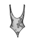 Tulle Bodysuit with Patterned Flock Embroidery - Black - K. P.