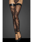 Tulle Stockings with Patterned Flock Embroidery & Power Wetlook Band - Black - K. P.