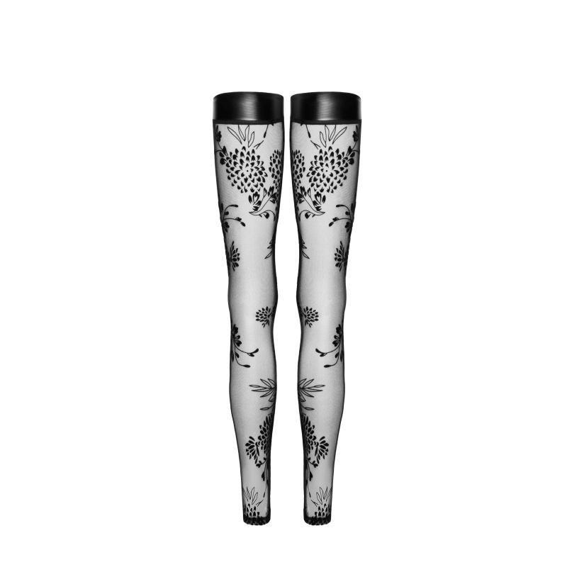 Tulle Stockings with Patterned Flock Embroidery & Power Wetlook Band - Black - K. P.
