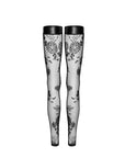 Tulle Stockings with Patterned Flock Embroidery & Power Wetlook Band - Black - K. P.