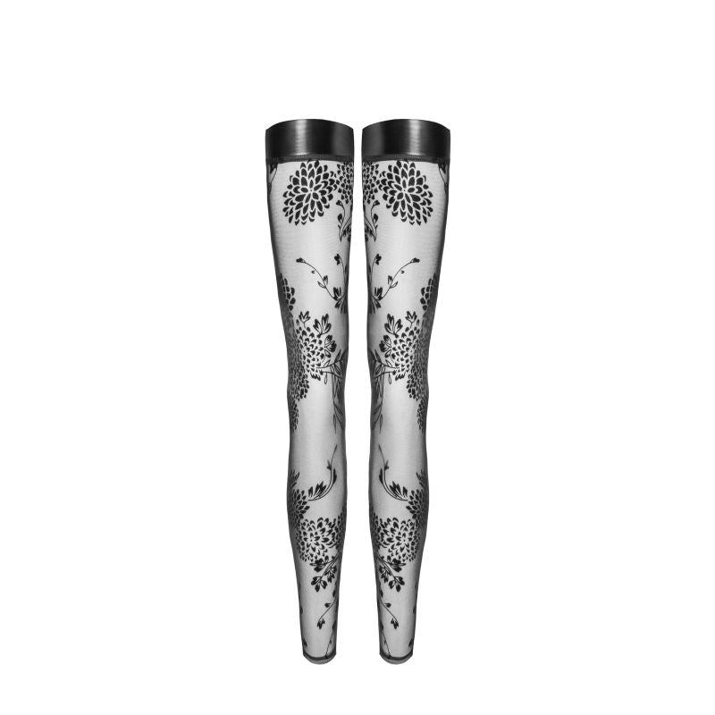 Tulle Stockings with Patterned Flock Embroidery & Power Wetlook Band - Black - K. P.