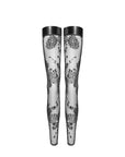 Tulle Stockings with Patterned Flock Embroidery & Power Wetlook Band - Black - K. P.