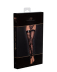 Tulle Stockings with Patterned Flock Embroidery & Power Wetlook Band - Black - K. P.
