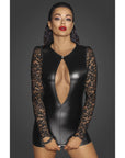 Power Wetlook Short Dress with Lace Sleeves - Black - K. P.