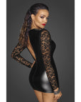 Power Wetlook Short Dress with Lace Sleeves - Black - K. P.
