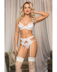 Roxanne 4 Piece Bra, Garter, G-String and Stocking Set - White - K. P.