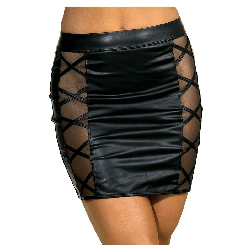Stretch Wetlook Mesh Criss Cross Skirt - Black - K. P.