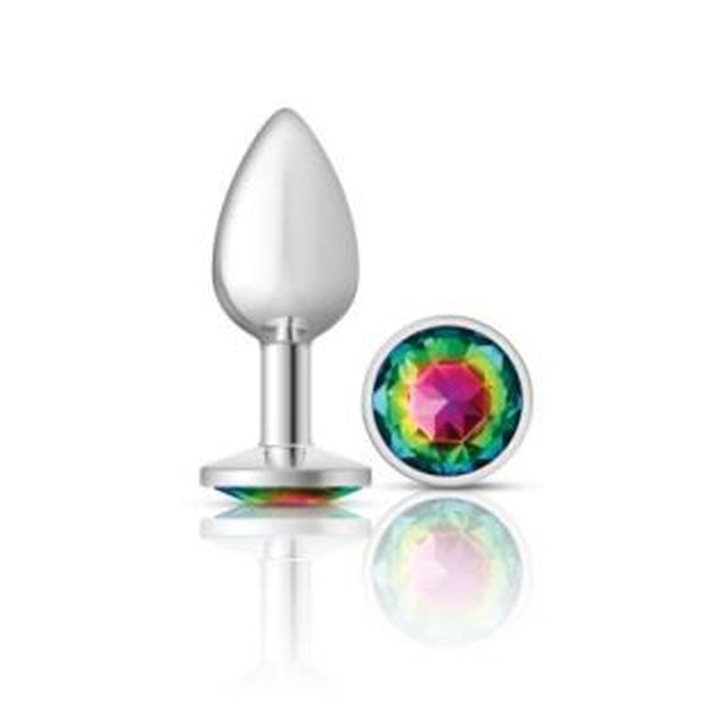 Cheeky Charms Silver Round Butt Plug w Rainbow Jewel Small - K. P.