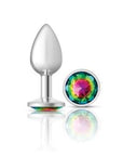 Cheeky Charms Silver Round Butt Plug w Rainbow Jewel Small - K. P.