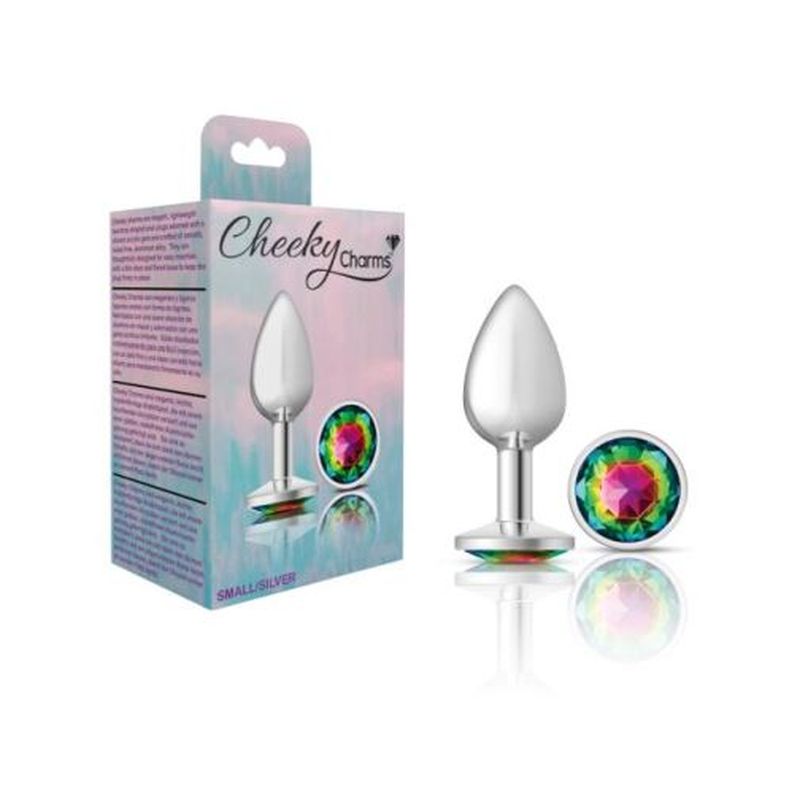Cheeky Charms Silver Round Butt Plug w Rainbow Jewel Small - K. P.