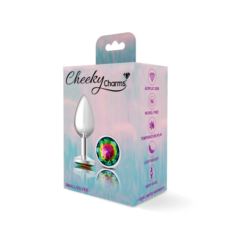 Cheeky Charms Silver Round Butt Plug w Rainbow Jewel Small - K. P.