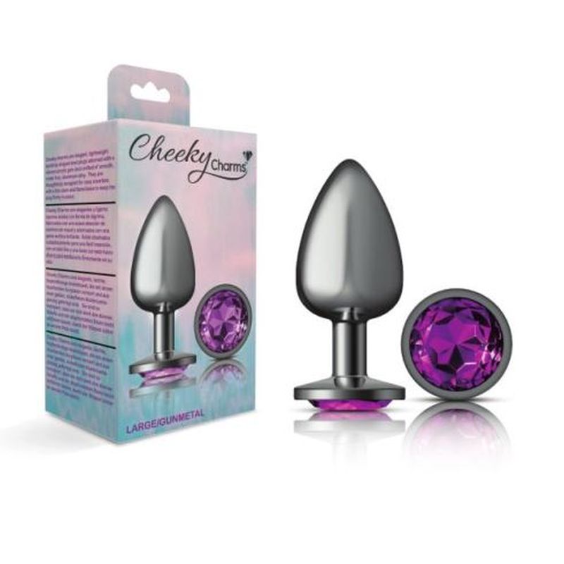 Cheeky Charms - Round Butt Plug w Purple Jewel - Large - Gunmetal - K. P.