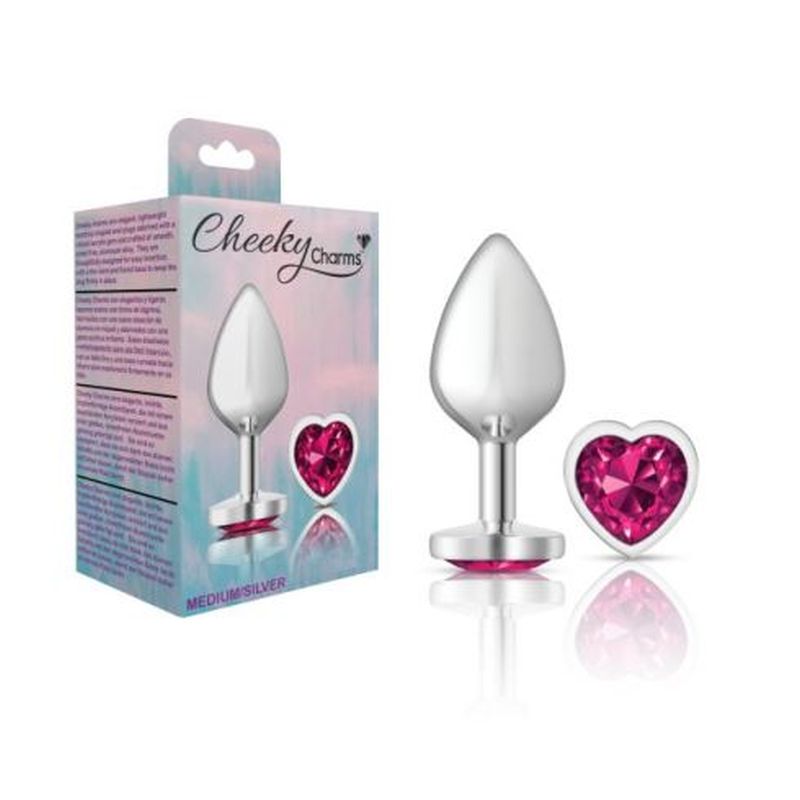 Cheeky Charms Silver Metal  Butt Plug w Heart Pink Jewel Medium - K. P.