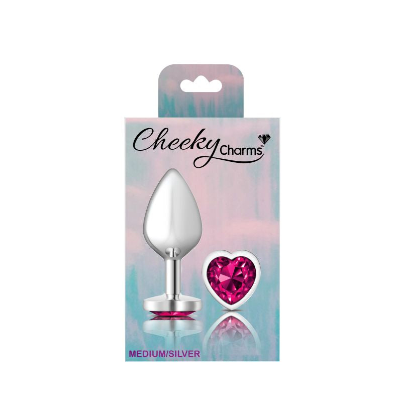 Cheeky Charms Silver Metal  Butt Plug w Heart Pink Jewel Medium - K. P.