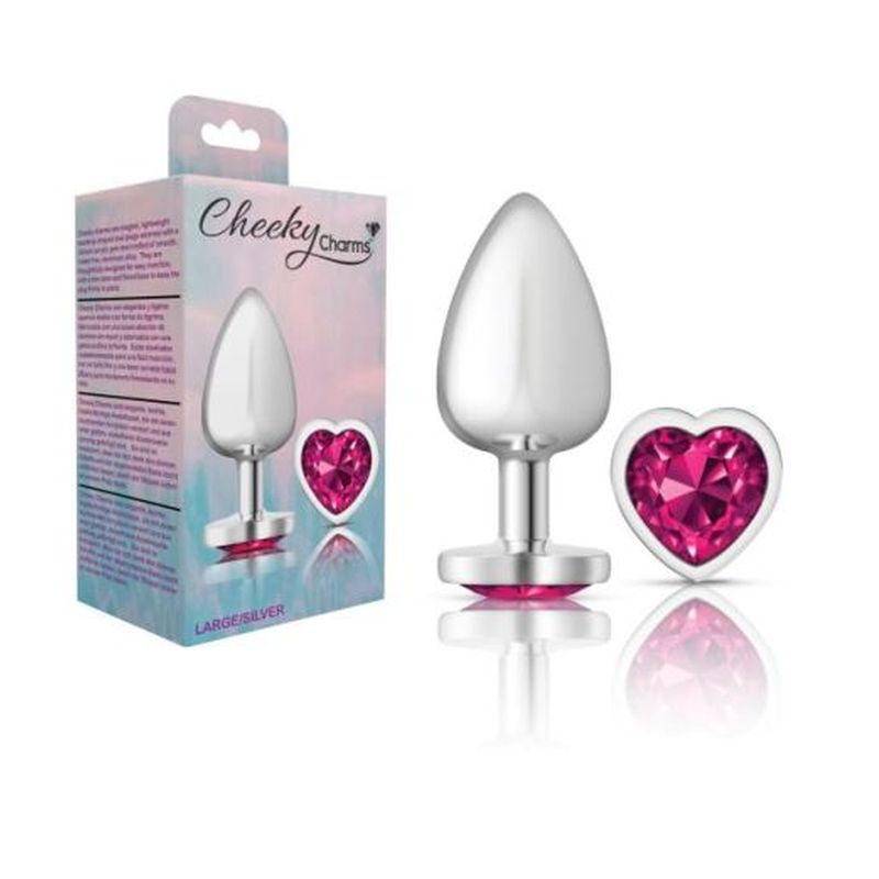 Cheeky Charms Silver Metal  Butt Plug w Heart Pink Jewel Large - K. P.