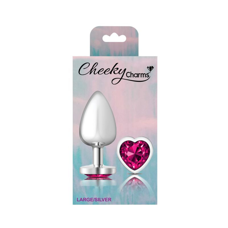 Cheeky Charms Silver Metal  Butt Plug w Heart Pink Jewel Large - K. P.